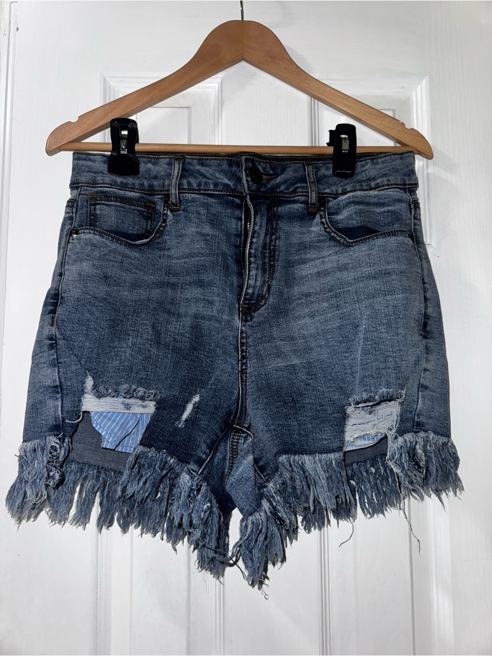Fashion to Figure Size 12 Distressed Denim Shorts Fringe Raw Hem Patchwork